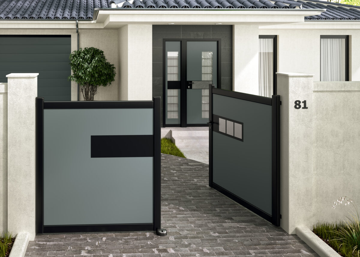 Porte d'entrée monobloc Aluminium avec semi-fixe et portail aluminium battant contemporain