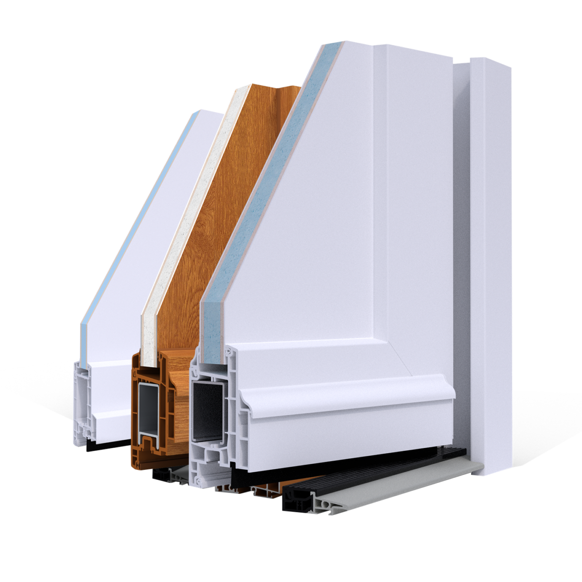 Gamme de portes d'entrée en PVC à panneaux coloris blanc, aspect bois ou nuances de gris