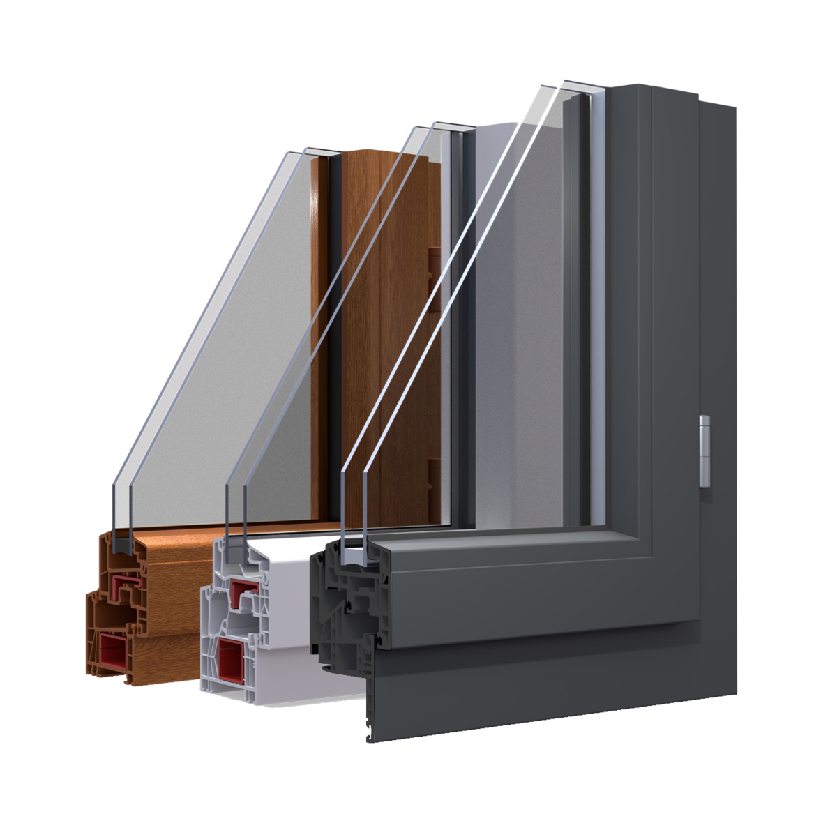 Gammes de fenêtres et portes-fenêtres à la française en PVC blanc, aspect bois ou nuances de gris